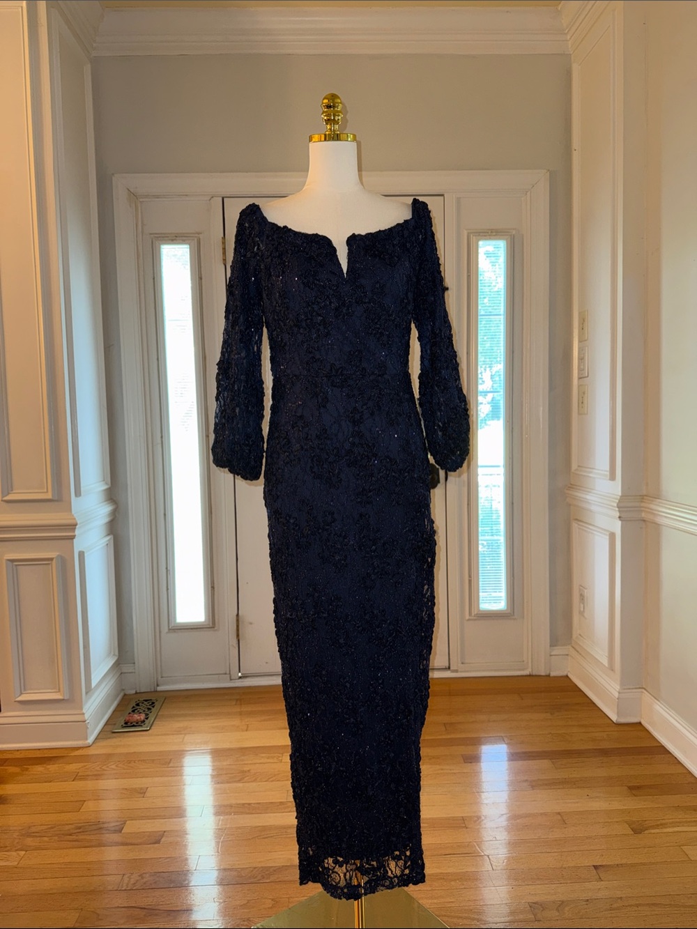 Xscape Navy Beaded Lace Long Sleeve Evening Gown